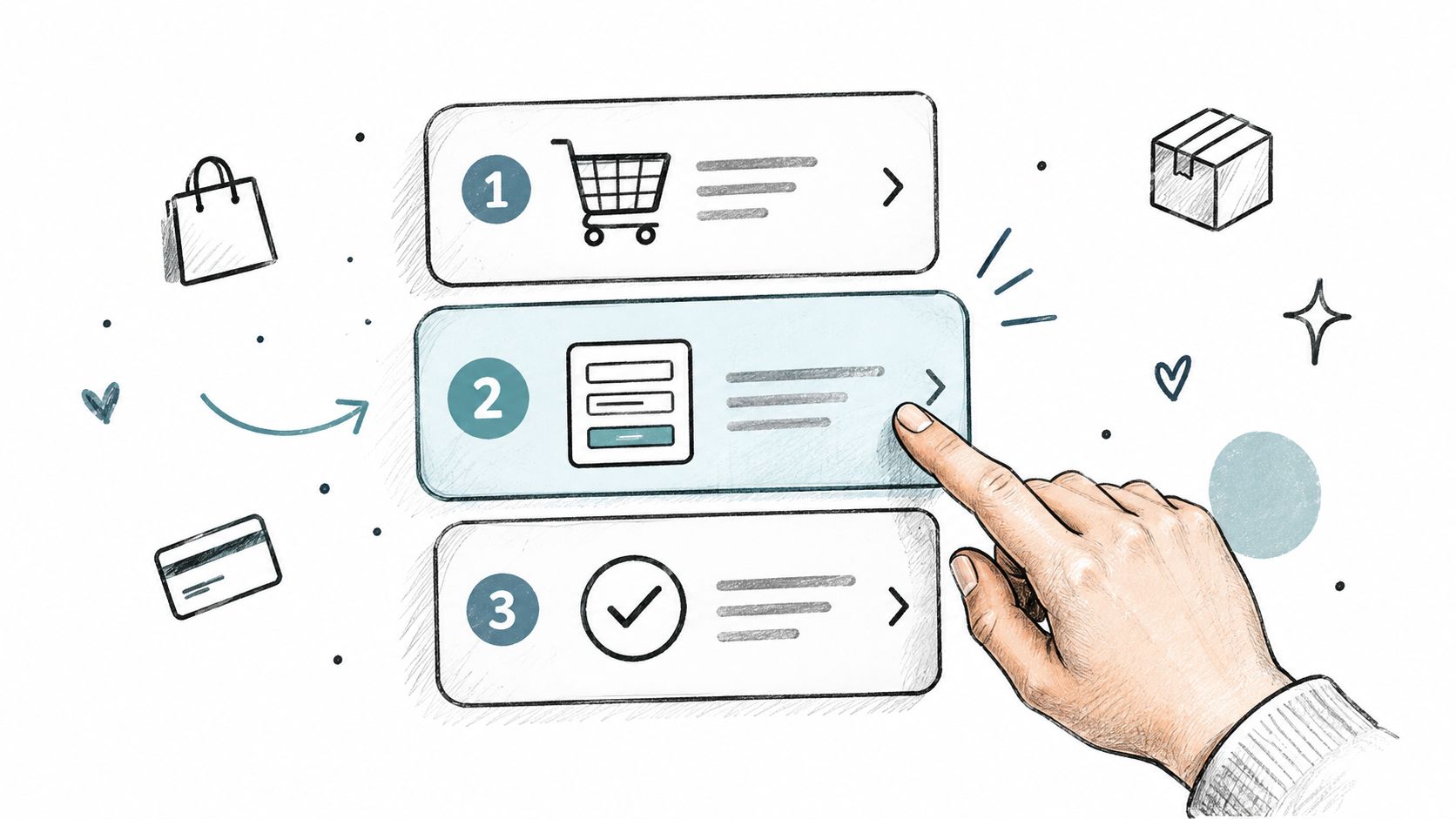 Eine illustrierte Darstellung des Online-Bestellprozesses mit einem Einkaufswagen, einem Formular und einem Bestätigungshaken für Kunden.