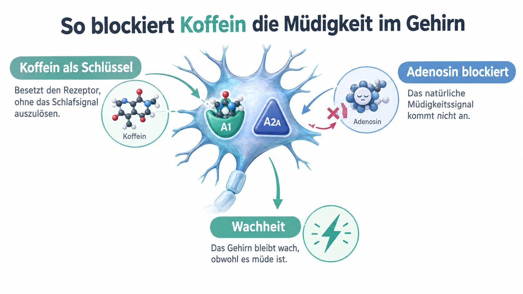 Grafik zeigt, wie Koffein im Gehirn Adenosin-Rezeptoren blockiert und so das Müdigkeitssignal unterdrückt, um Wachheit zu erzeugen.