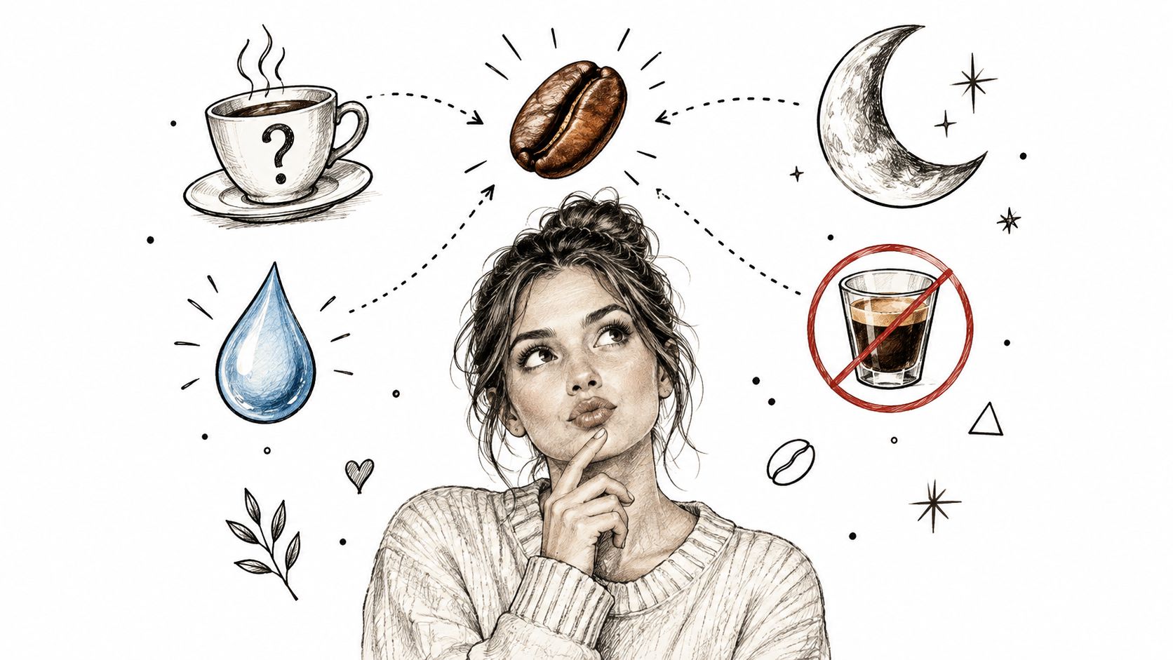 Eine nachdenkliche junge Frau überlegt die Auswirkungen von Koffein, Kaffee, Wasser und spätem Konsum auf ihren Körper.