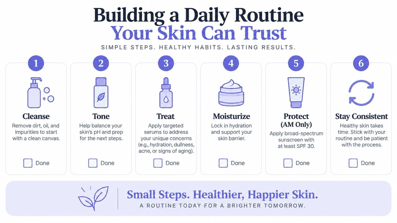 A six-step graphic guide illustrating a daily skincare routine for healthy skin maintenance and protection.