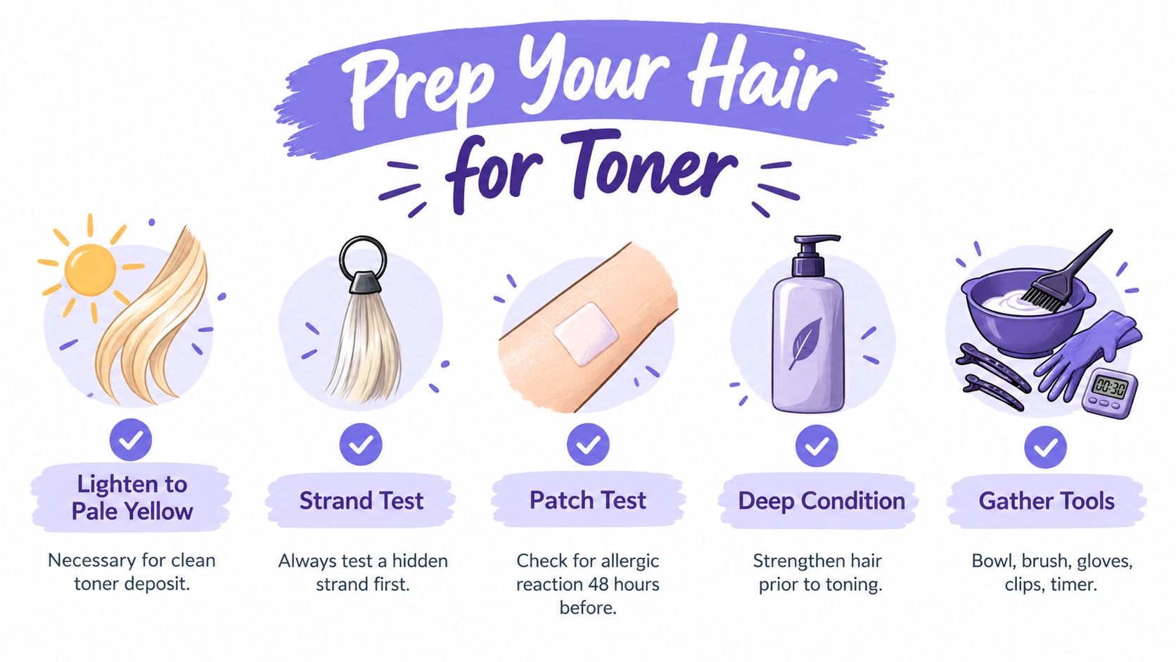 An infographic titled Prep Your Hair for Toner showing five steps to prepare hair for professional toning.