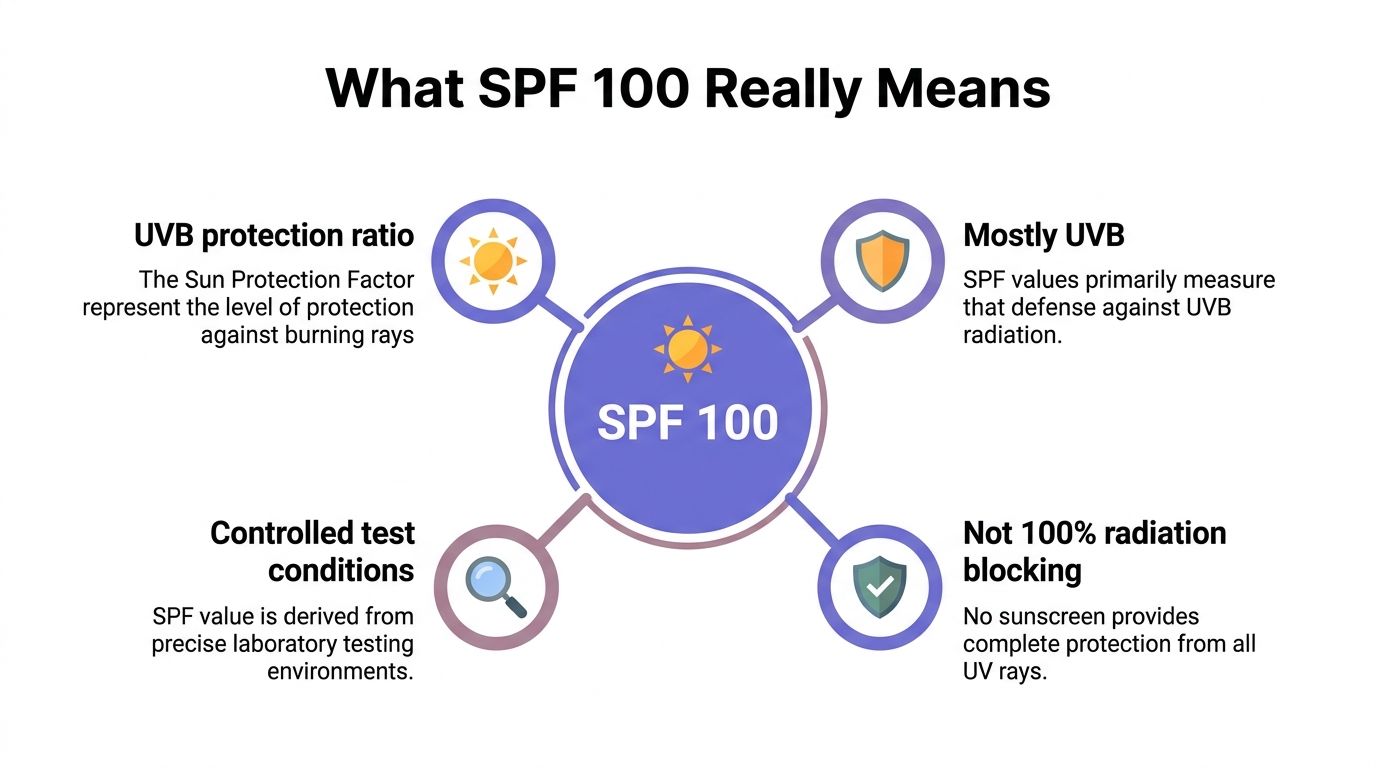 An infographic explaining that SPF 100 sunscreen primarily measures UVB protection and does not block all radiation.