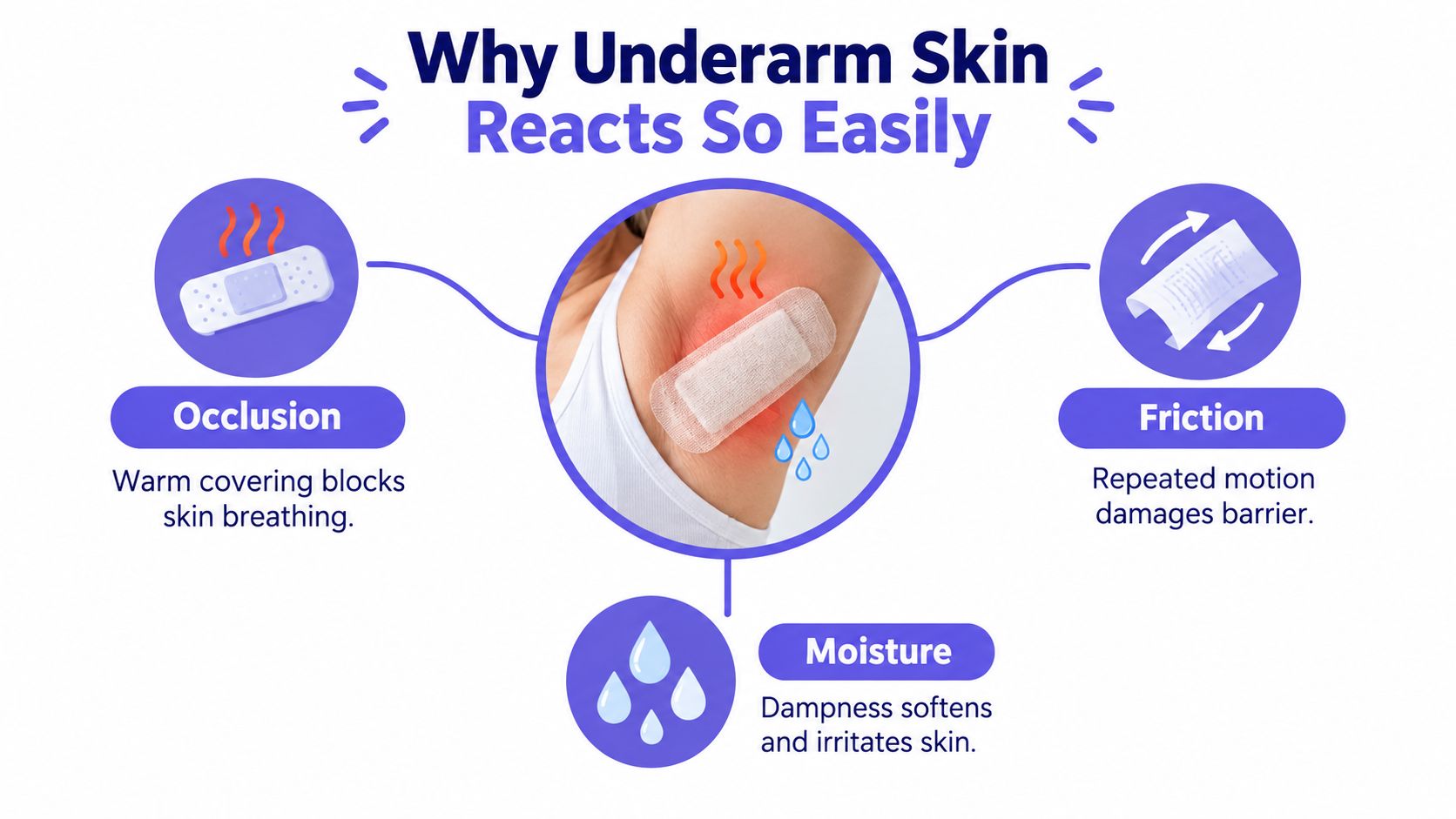 A diagram explaining three main causes of underarm skin sensitivity: occlusion, friction, and moisture accumulation.