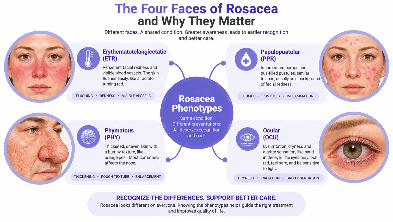 An infographic illustrating the four distinct phenotypes of rosacea, including symptoms and visual examples for each type.