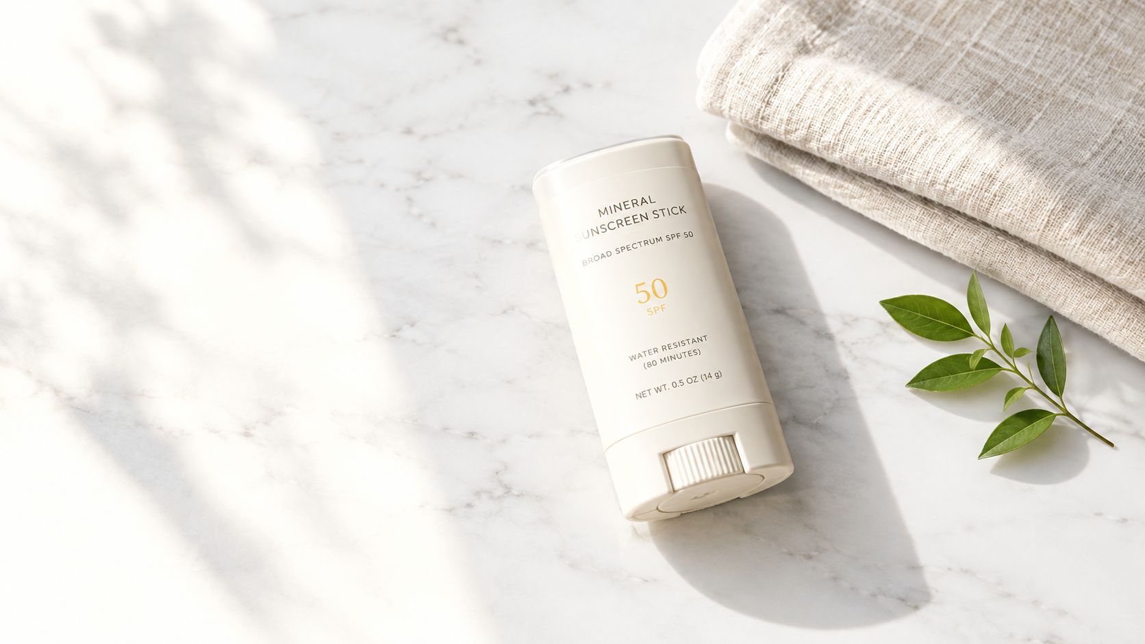 A beige mineral sunscreen stick placed on a white marble surface with a towel and green leaves.