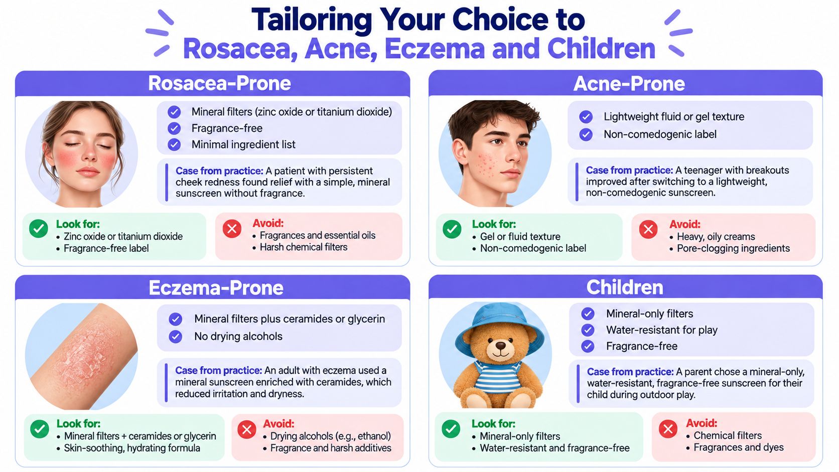A guide showing recommended sunscreen types for rosacea, acne, eczema, and children's skin care needs.