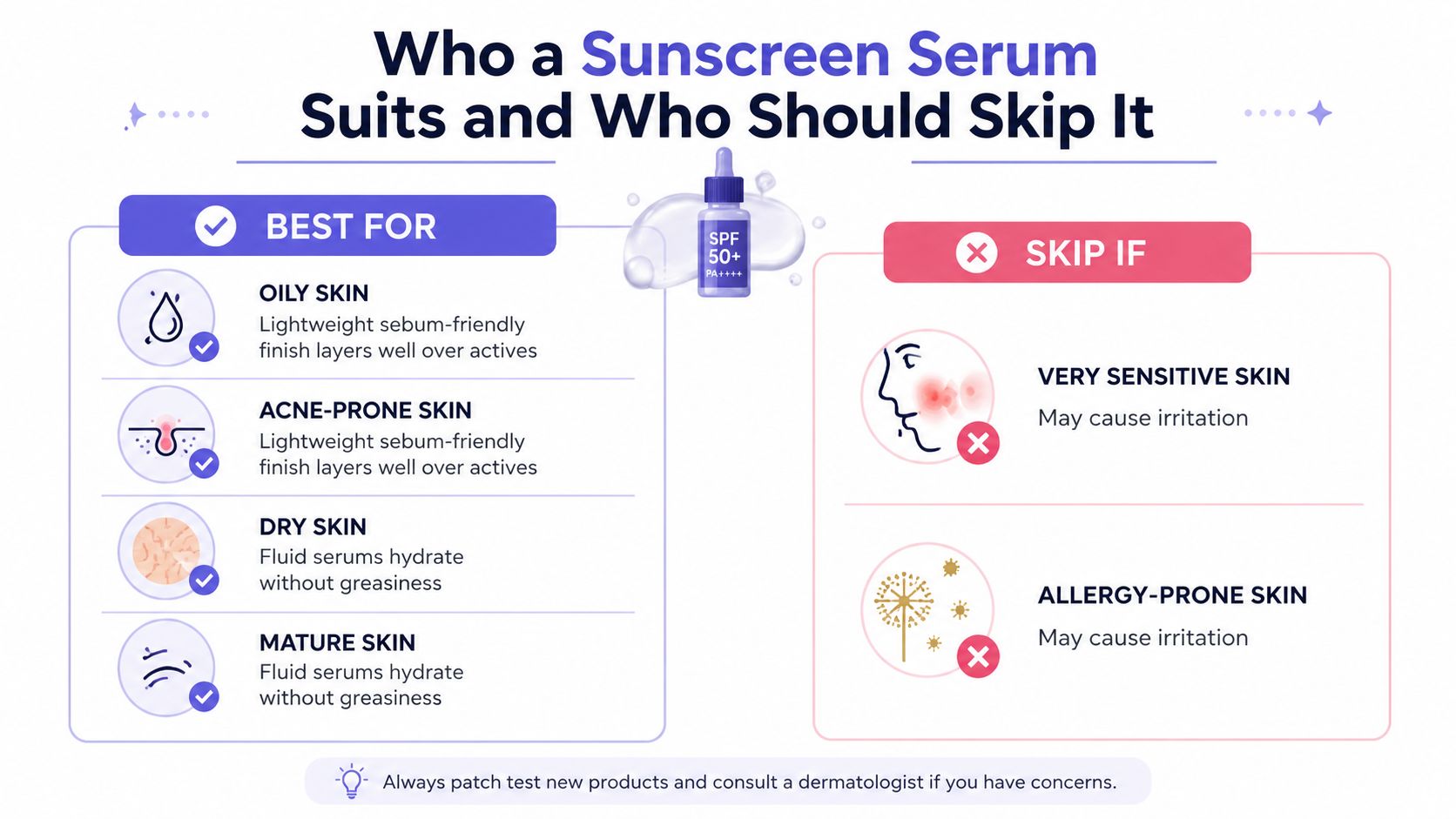 An infographic detailing which skin types are best suited for sunscreen serum and who should avoid it.