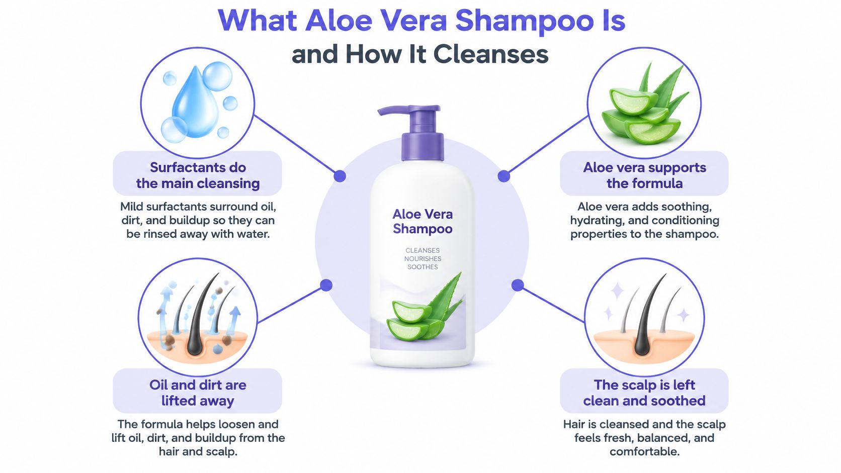 An infographic explaining how aloe vera shampoo cleanses, nourishes, and soothes the hair and scalp effectively.