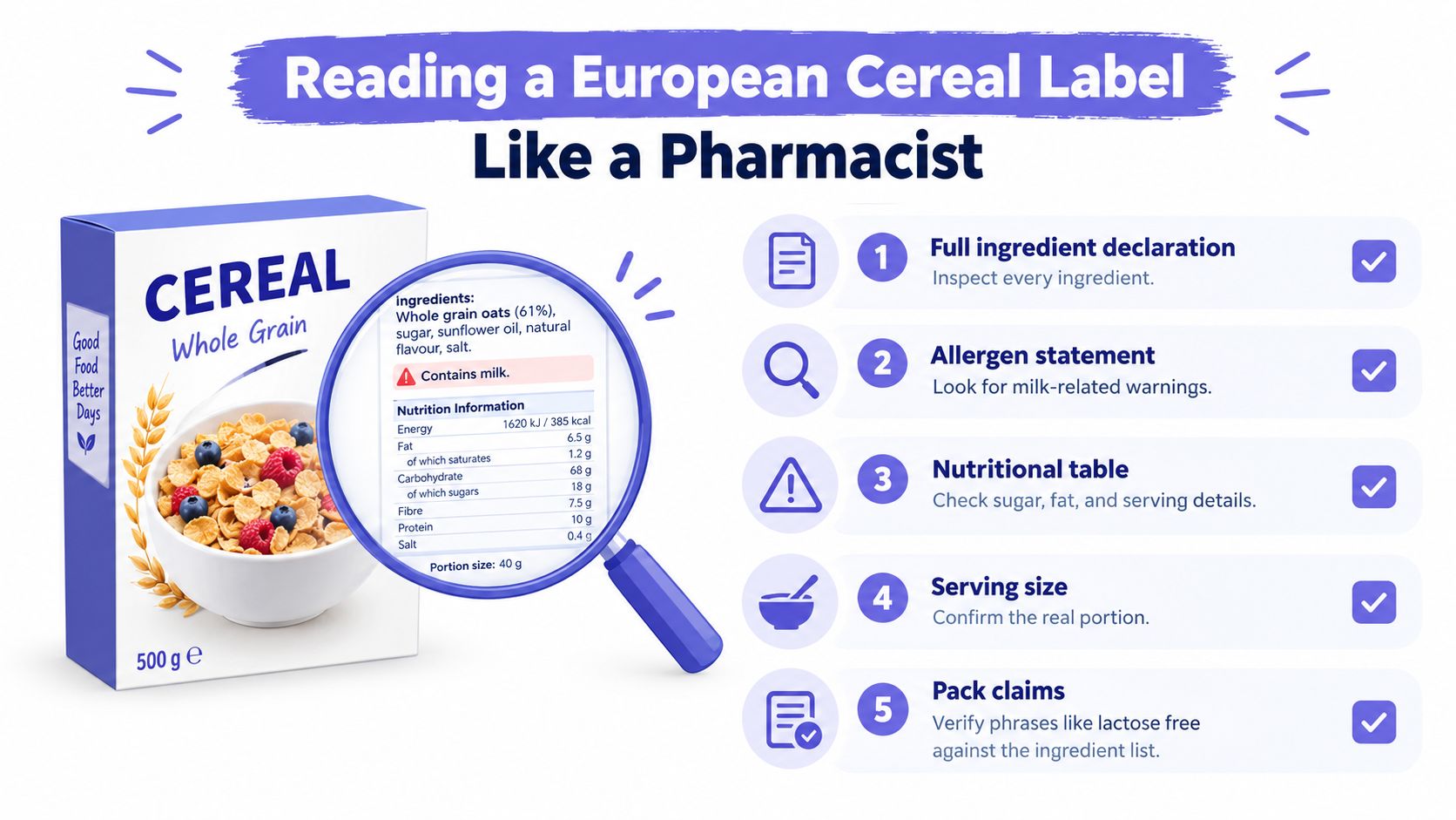A graphic showing how to read European cereal labels like a pharmacist, focusing on five key steps.