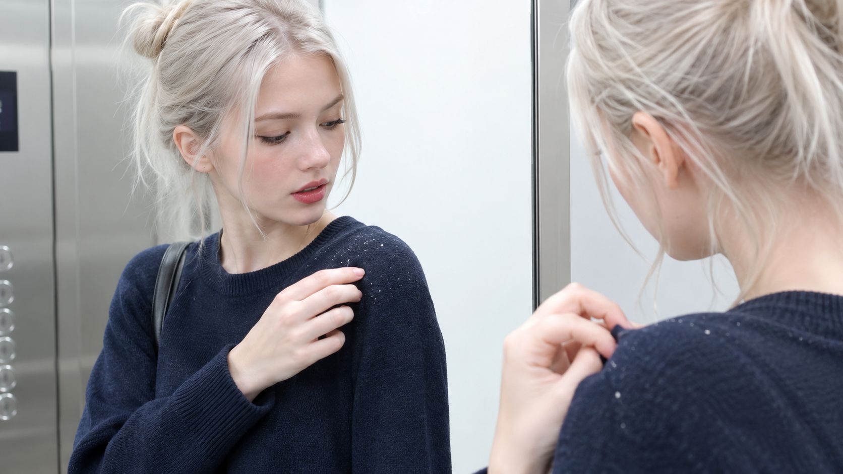 A woman with blonde hair looking at dandruff on her navy sweater while checking her reflection in mirror.