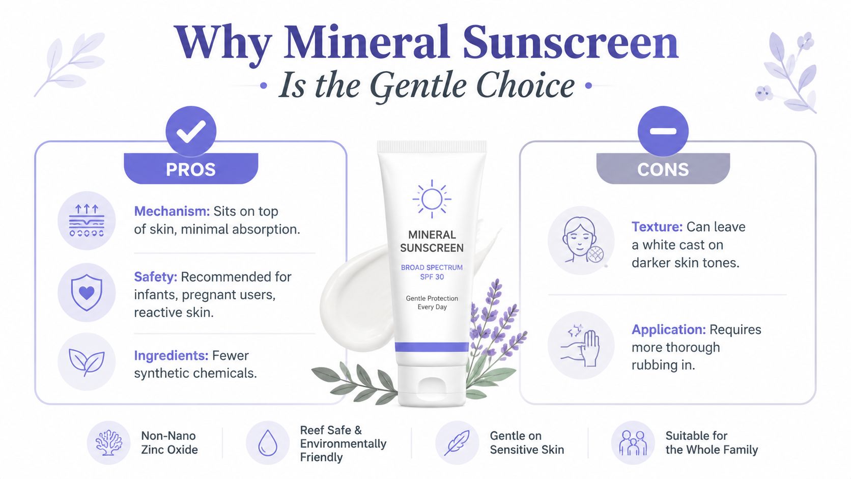 An infographic comparing the pros and cons of mineral sunscreen for sensitive skin and family use.