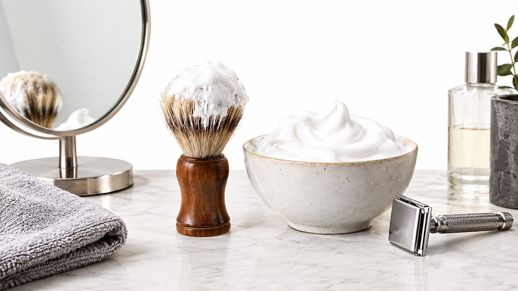 A shaving set with a wooden brush, a bowl of shaving cream, and a razor on marble.