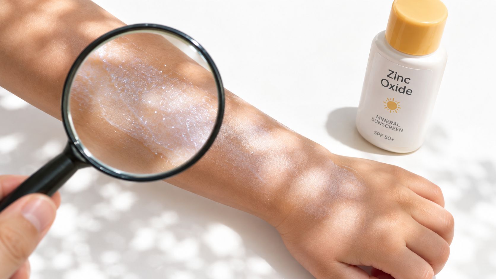 A close-up view of a child's arm applying mineral sunscreen with a magnifying glass held over skin.