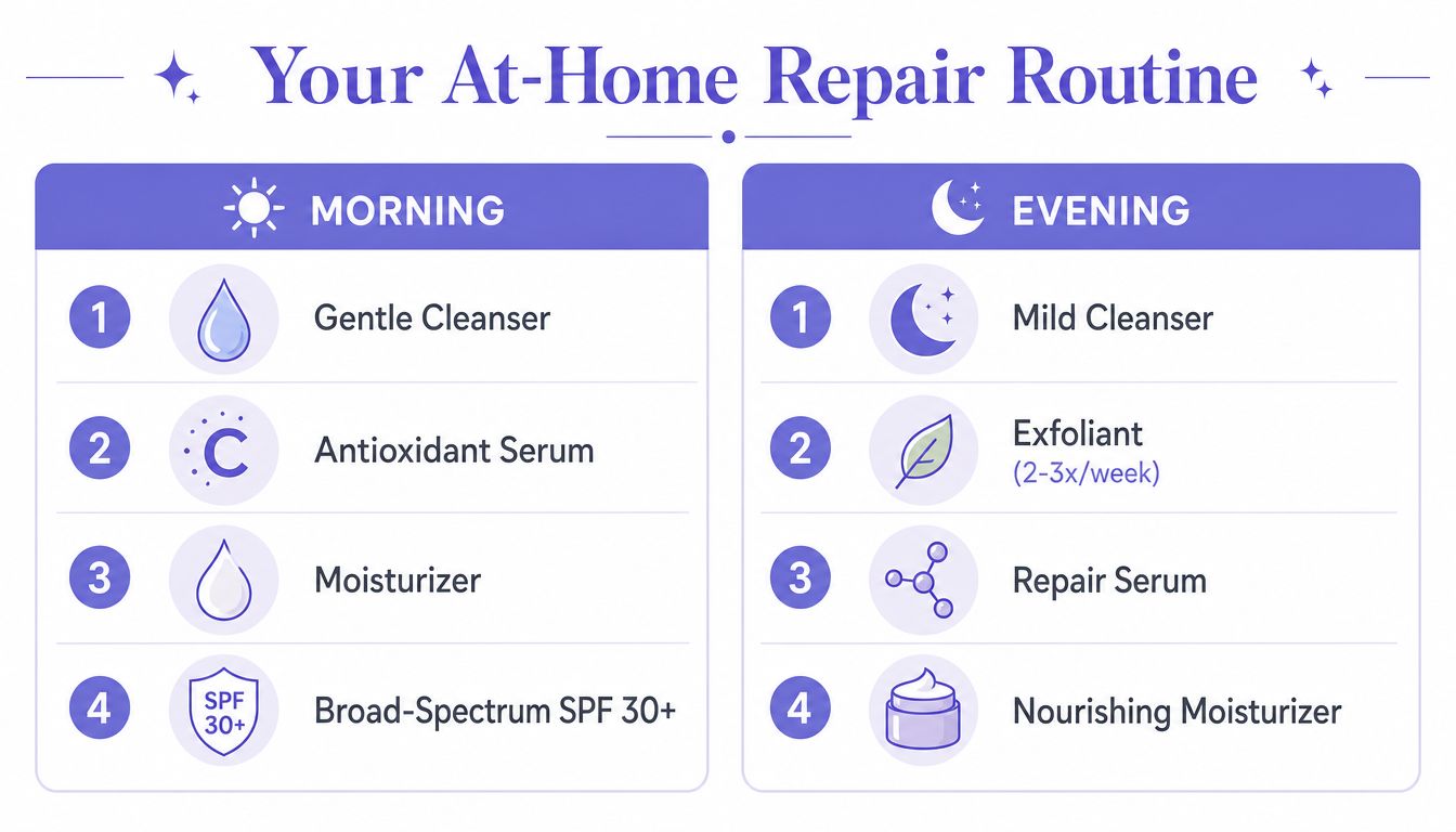 A visual guide for an at-home skin repair routine featuring morning and evening skincare steps with icons.