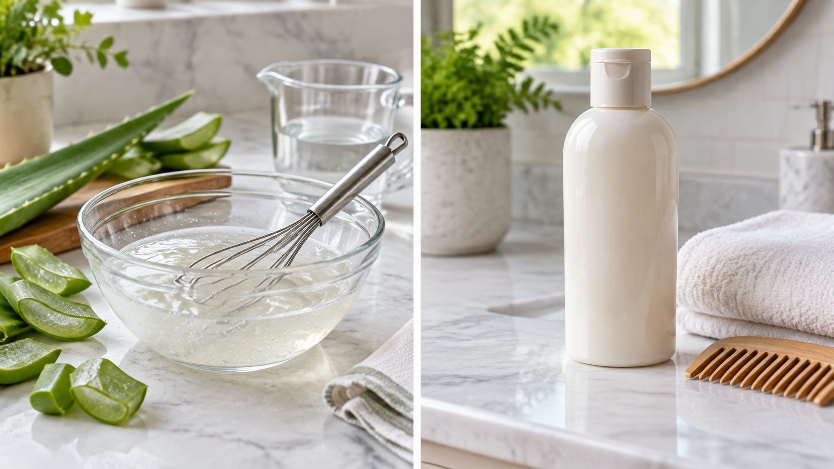 Homemade aloe vera hair product being prepared in a bowl next to a bottle of finished shampoo.
