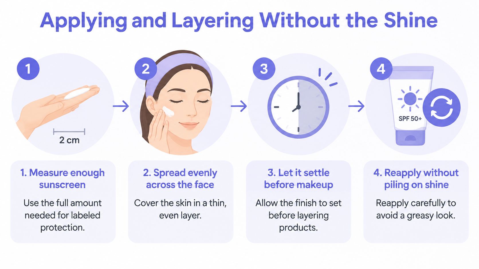 An infographic showing four steps to properly apply oil-control sunscreen on the face without shine.
