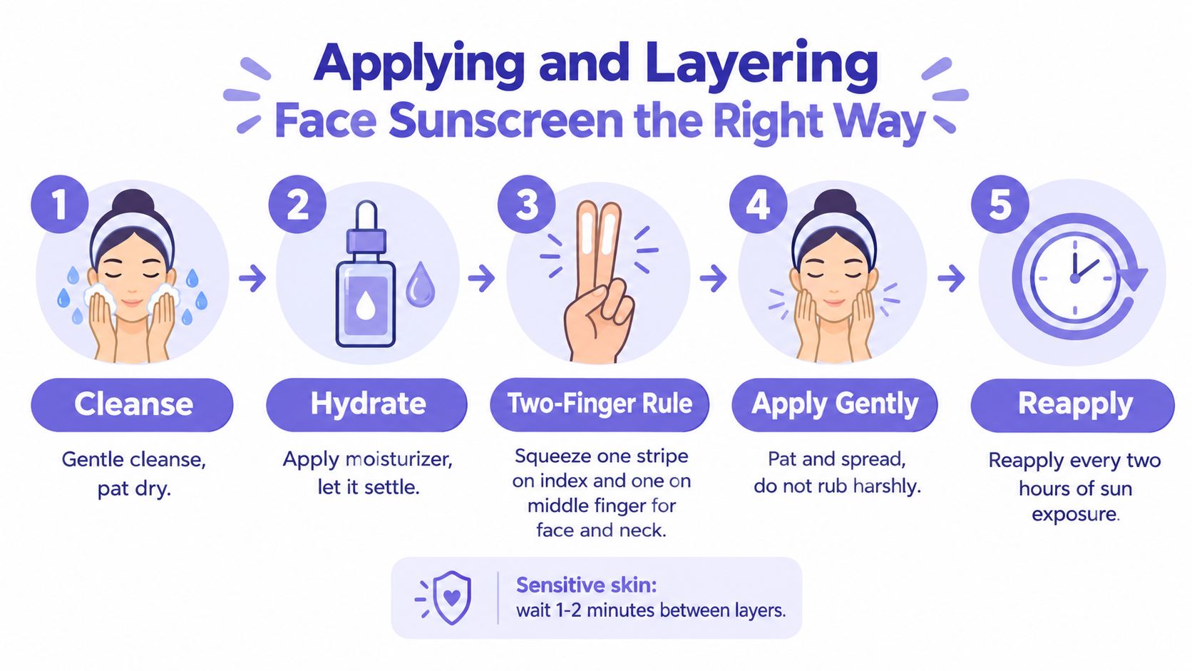 A step-by-step infographic showing how to apply and layer face sunscreen correctly on the skin.