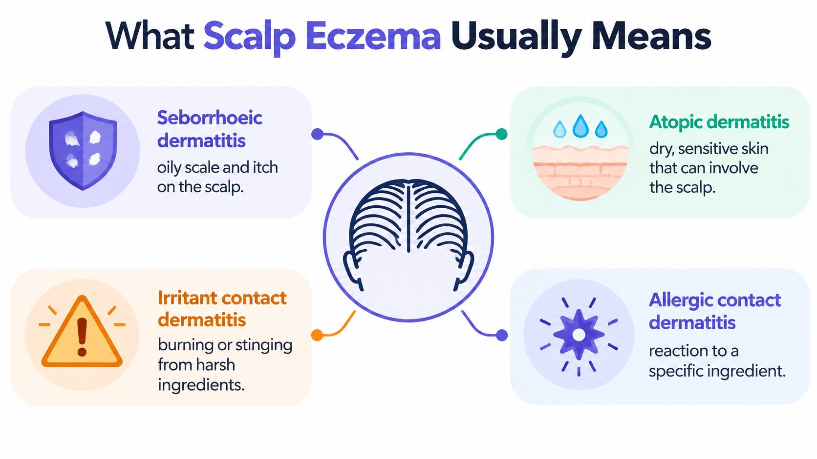 An infographic showing four common causes of scalp eczema, including seborrhoeic dermatitis, atopic dermatitis, and contact dermatitis.