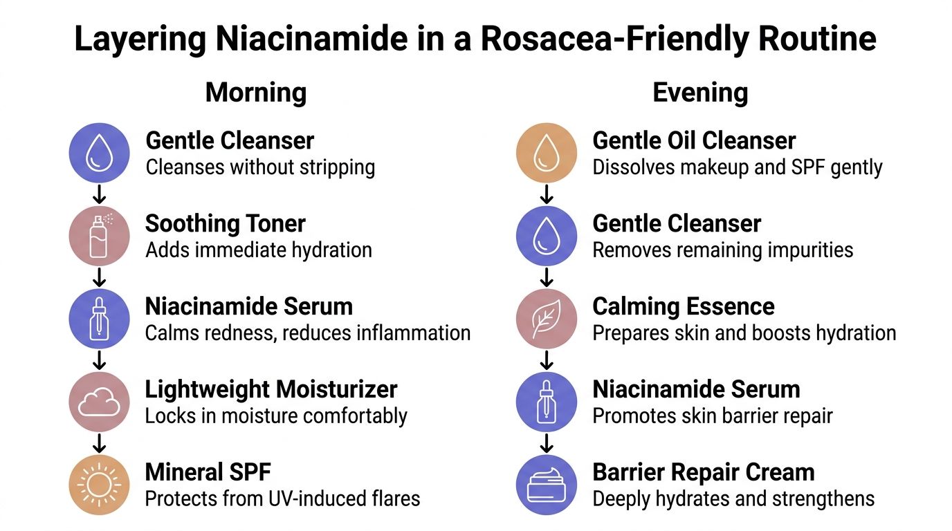 A step-by-step skincare routine guide for rosacea patients incorporating niacinamide serum during morning and evening sessions.