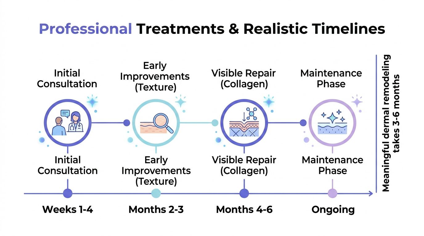 A timeline graphic showing stages of professional skin treatment from initial consultation to ongoing maintenance phases.