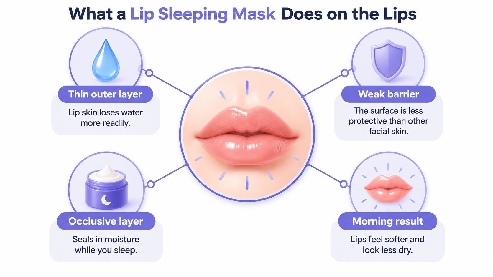 An infographic explaining how a lip sleeping mask hydrates and protects lips overnight to improve softness.