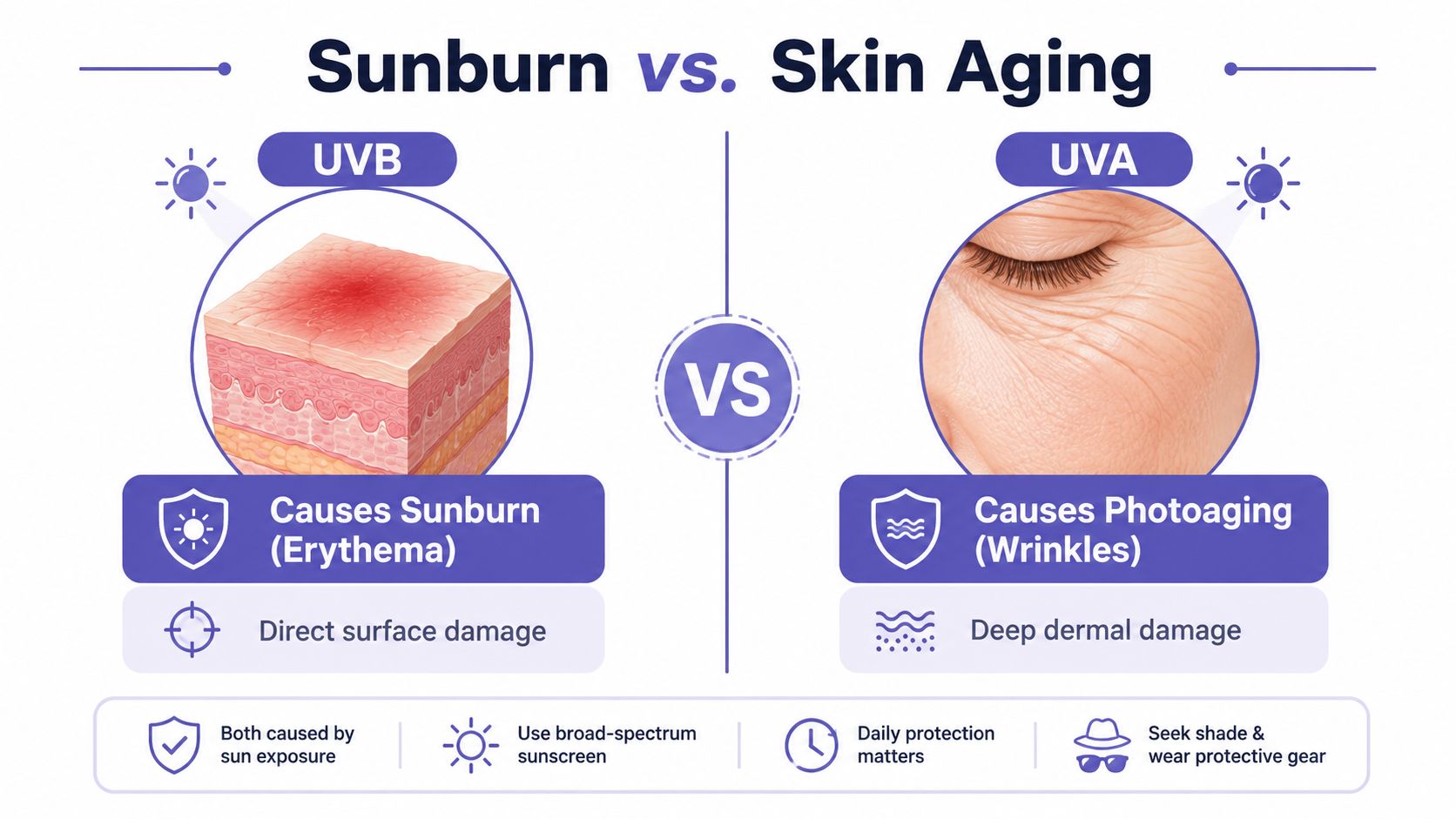 An infographic comparing the skin damage effects of UVB rays causing sunburn versus UVA rays causing photoaging.