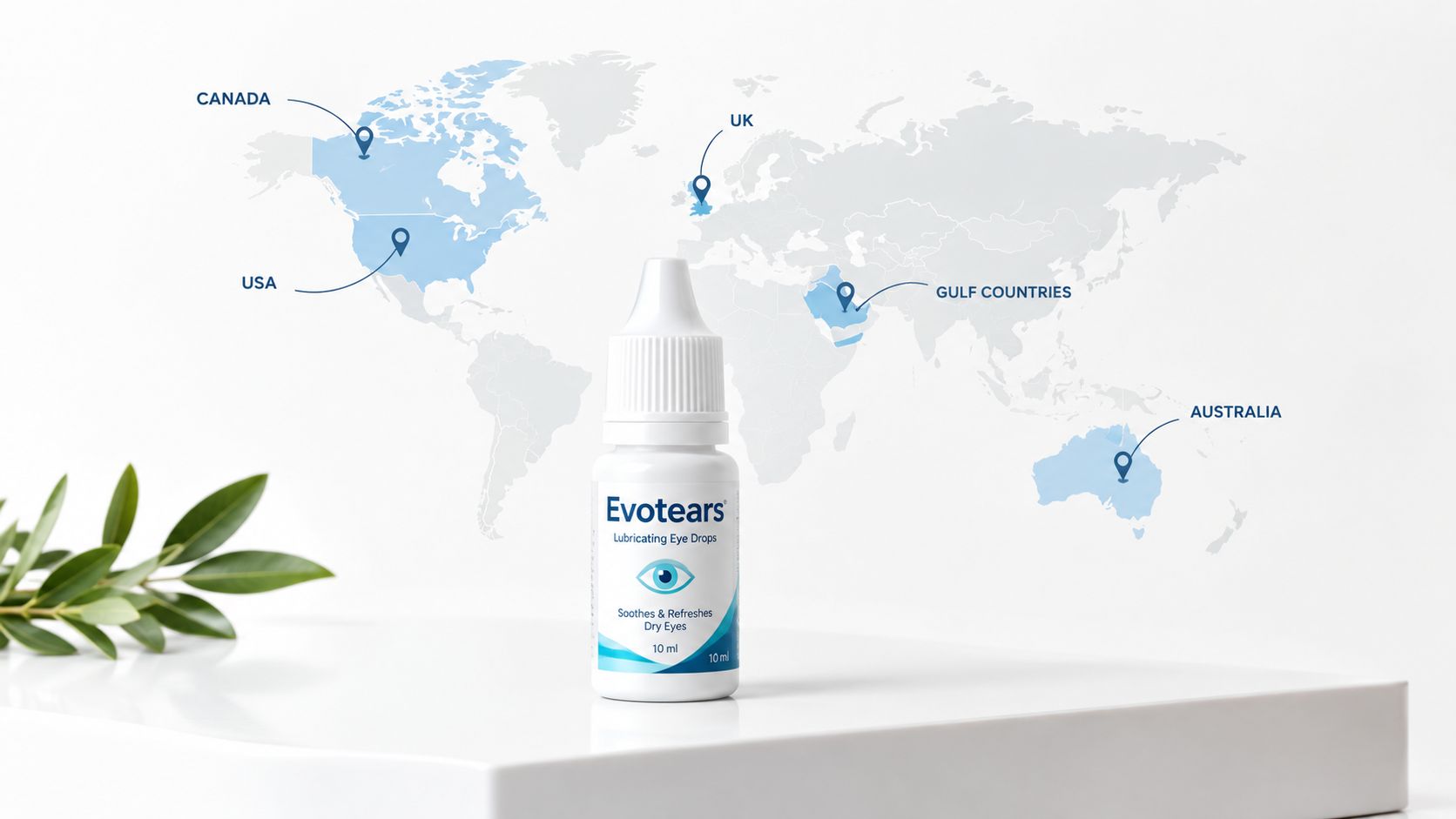 A bottle of Evotears lubricating eye drops placed in front of a world map with highlighted regions.