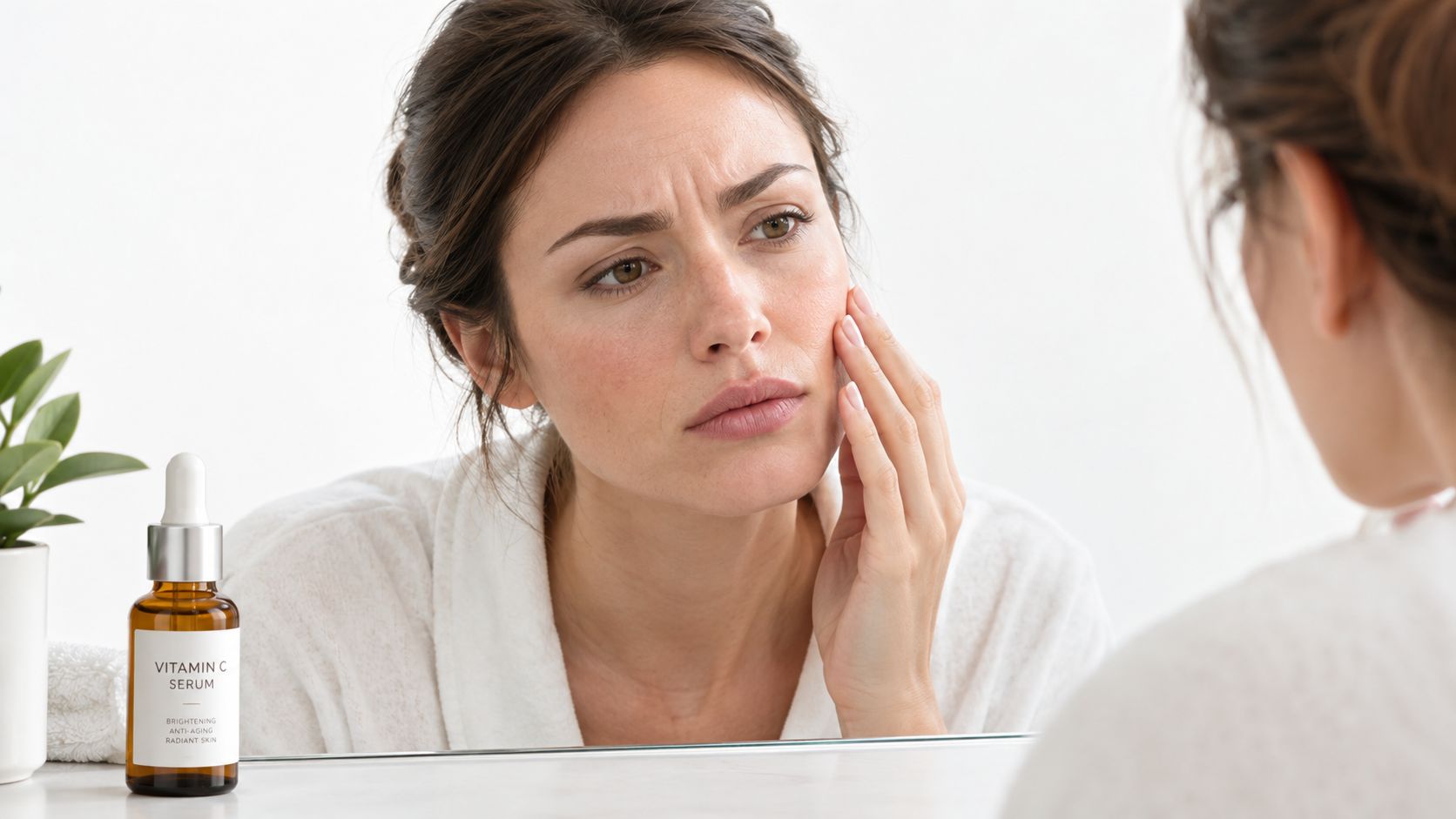 A woman looks concerned at her skin in the mirror next to a bottle of vitamin C serum.