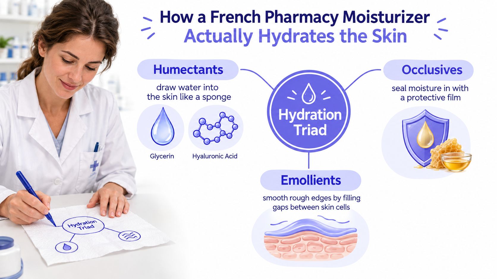 A scientist explaining the hydration triad of French pharmacy moisturizers through humectants, emollients, and occlusives.