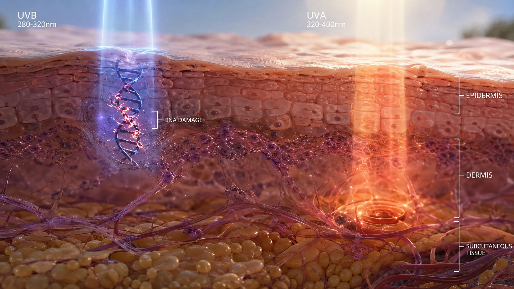 A cross-section illustration of skin layers showing UVB rays causing DNA damage and UVA rays penetrating deeper.