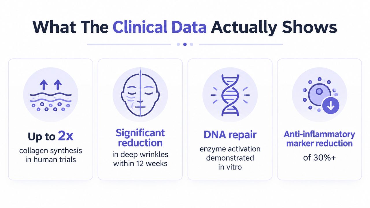 A graphic highlighting clinical study results including increased collagen synthesis, wrinkle reduction, DNA repair, and reduced inflammation.