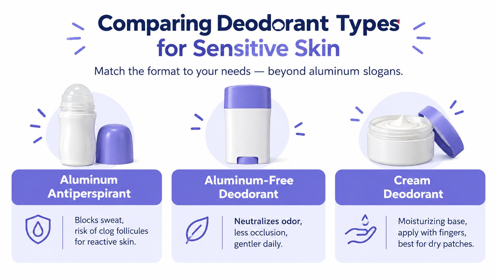 A comparison infographic showing different deodorant types for sensitive skin, including antiperspirant, aluminum-free, and cream formats.