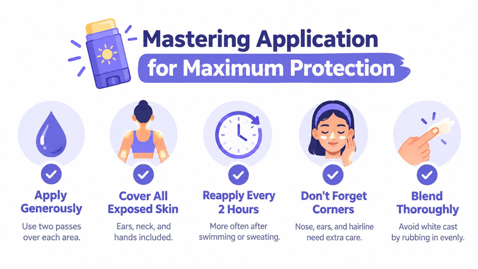 An infographic showing five essential tips for correctly applying a mineral sunscreen stick for maximum sun protection.