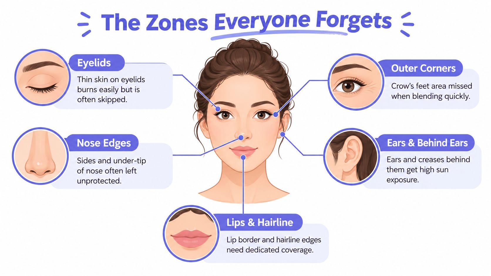 An educational illustration showing commonly forgotten areas on the face to apply sunscreen for protection.
