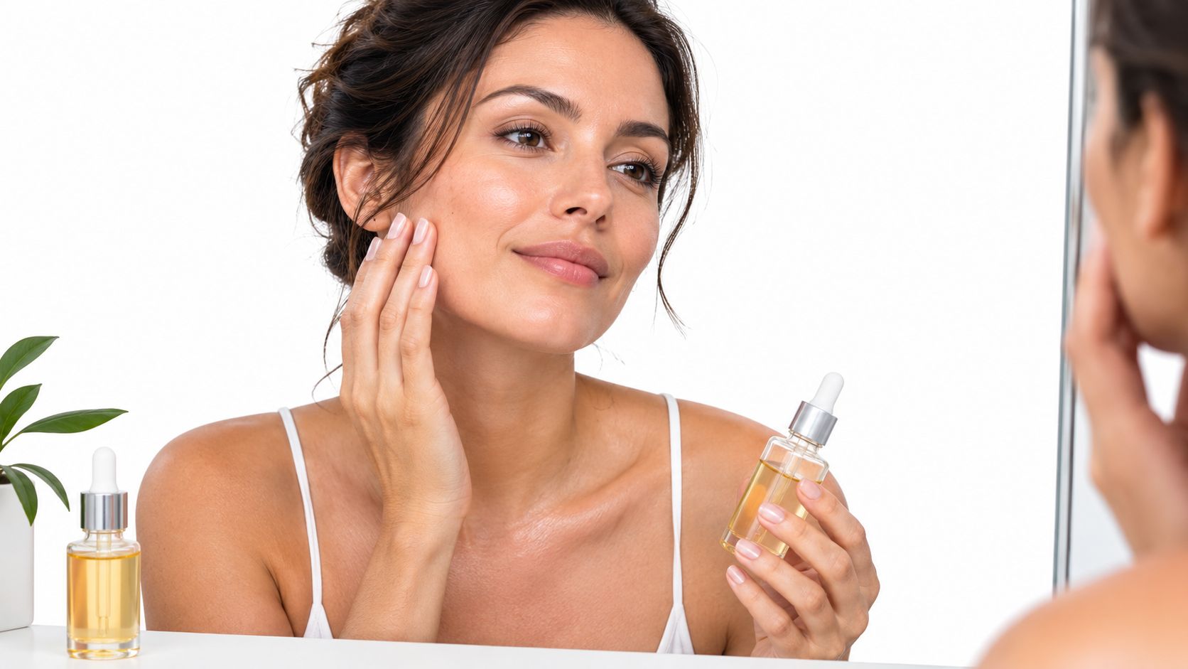A woman applying anti-aging vitamin C facial serum to her skin while looking in the mirror.