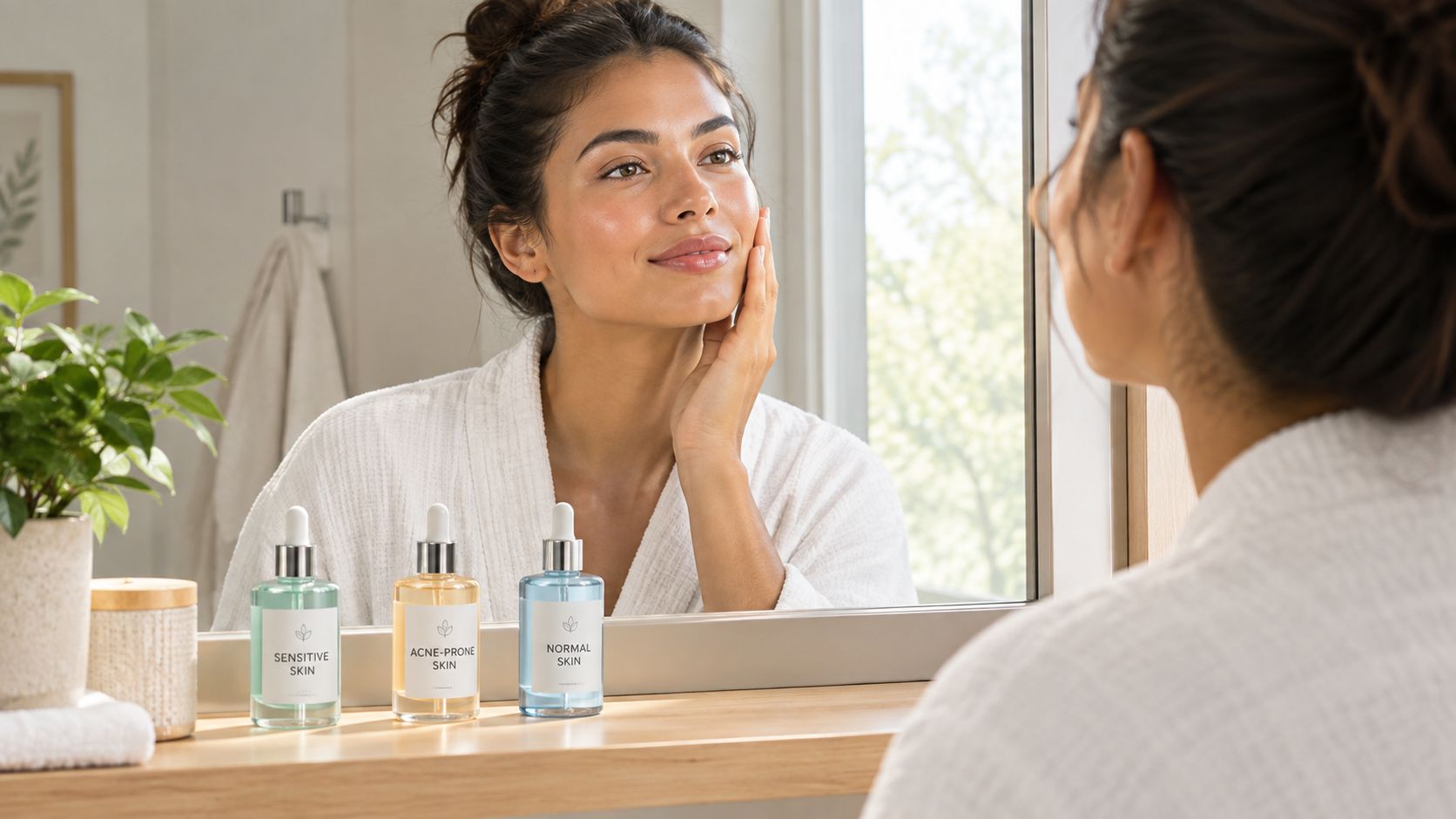 A woman applying skincare serum to her face in a bathroom mirror with three serum bottles displayed.