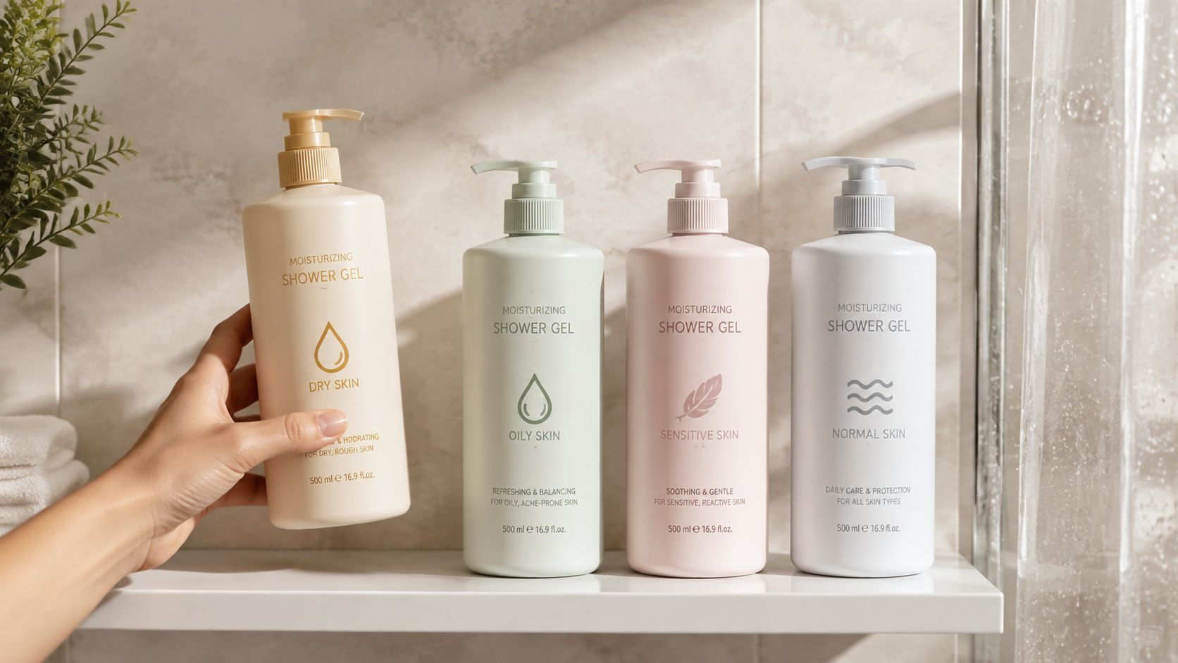 A hand holds a bottle of moisturizing shower gel among a selection of four different skin care products.