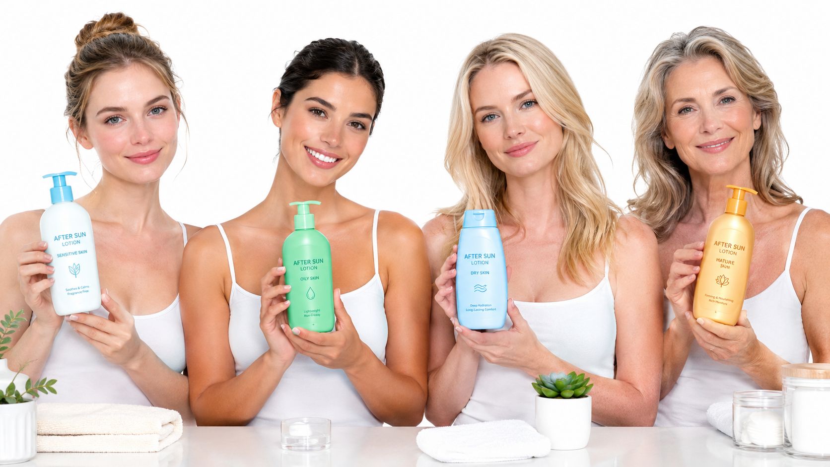 Four women of various ages holding different types of after sun lotion bottles in a studio setting.