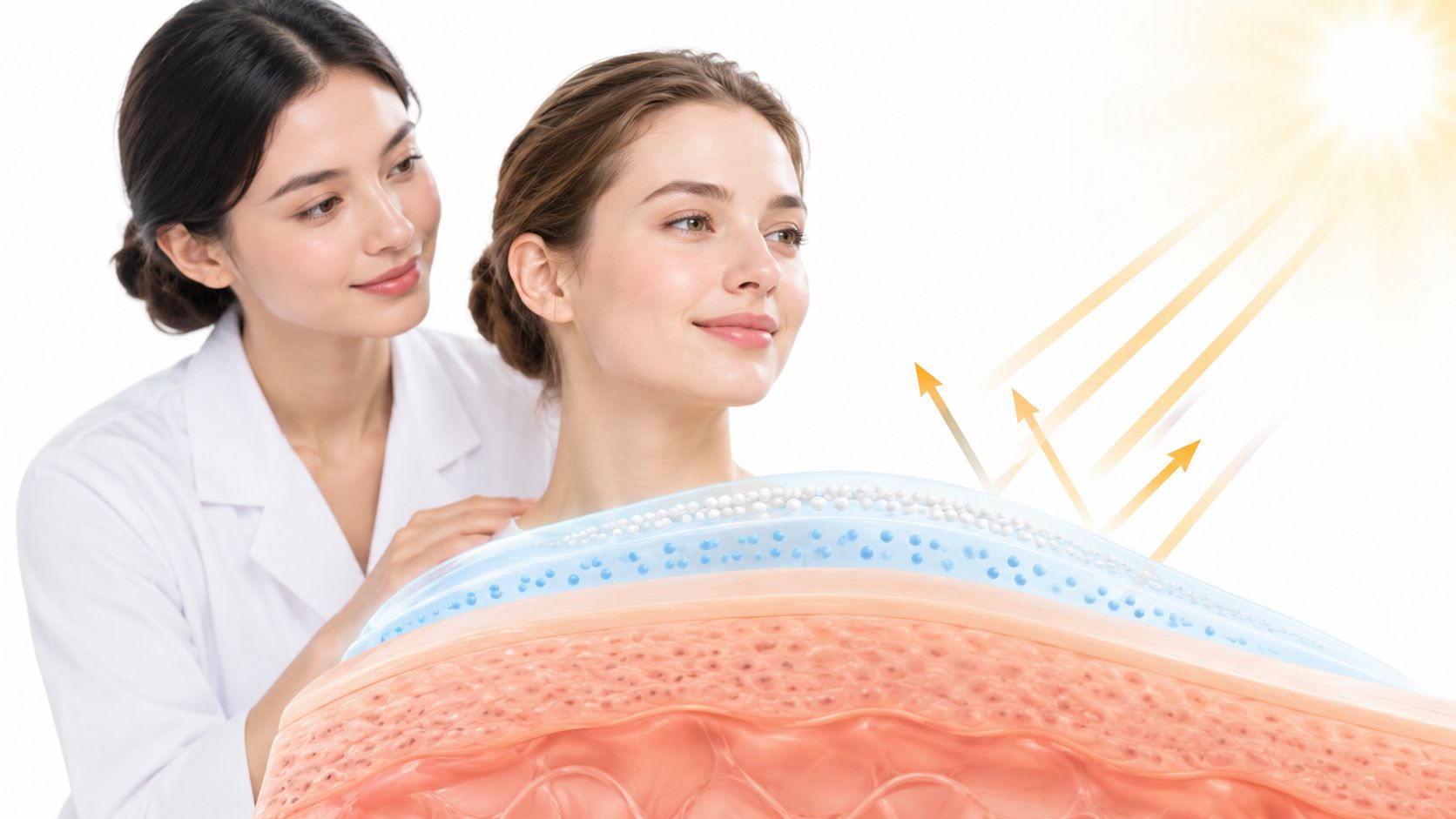 A dermatologist demonstrating how mineral sunscreen creates a protective barrier on the skin against UV rays.