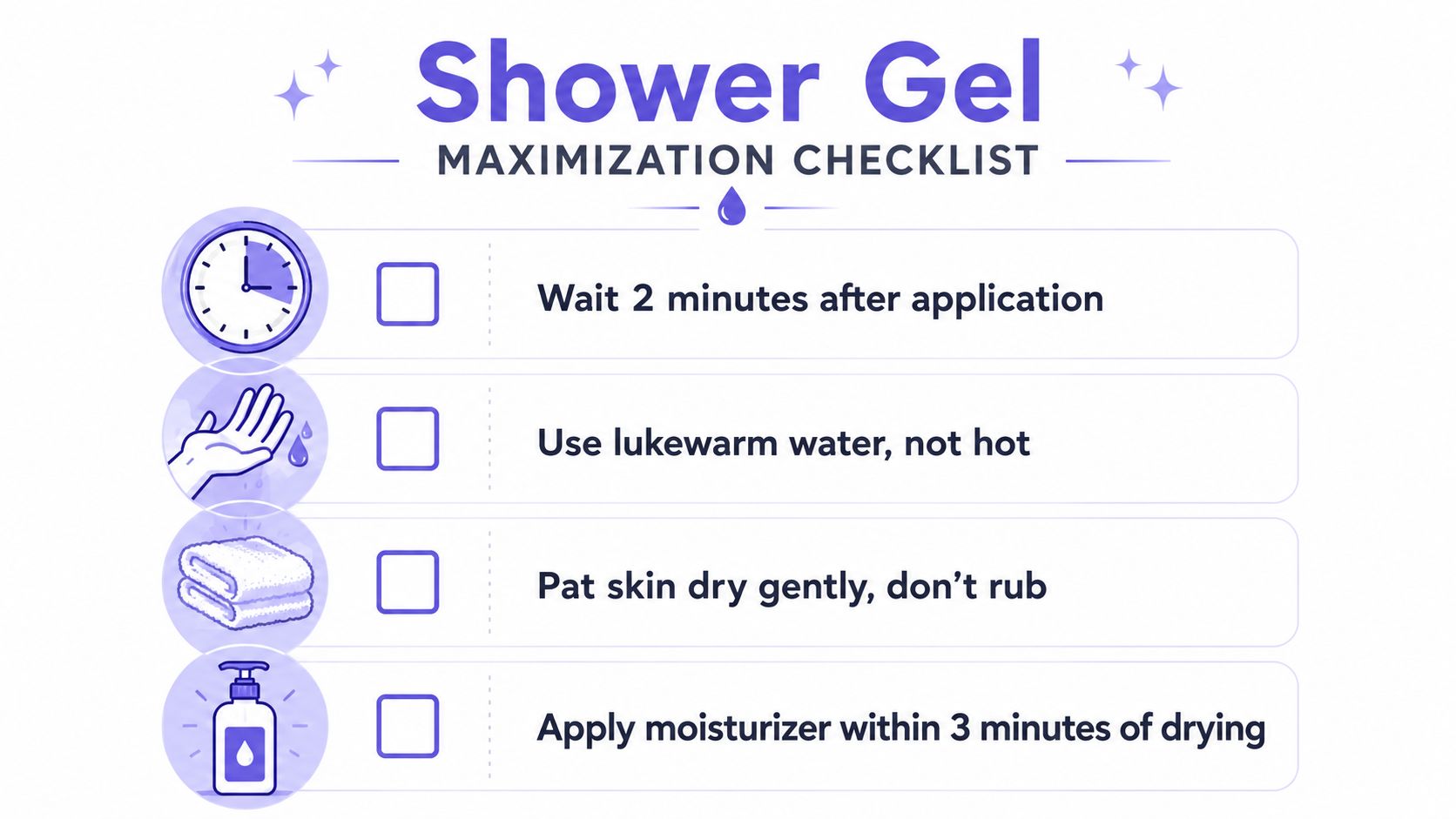 A checklist infographic titled Shower Gel Maximization Checklist providing four tips for using shower gel effectively.