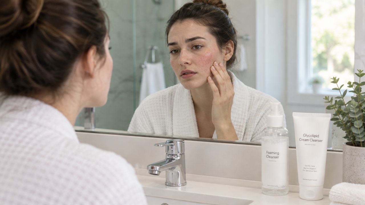 A woman looks into a bathroom mirror, touching her red, irritated skin next to skin care products.