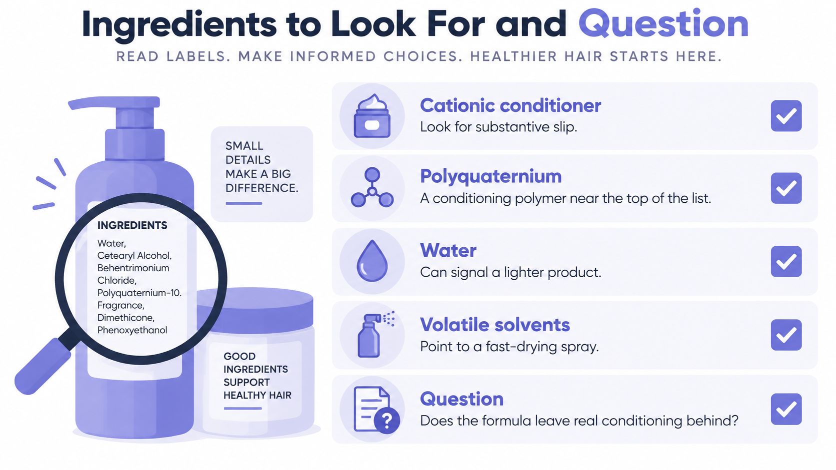 An infographic titled Ingredients to Look For and Question showing a magnifying glass over hair product ingredients.