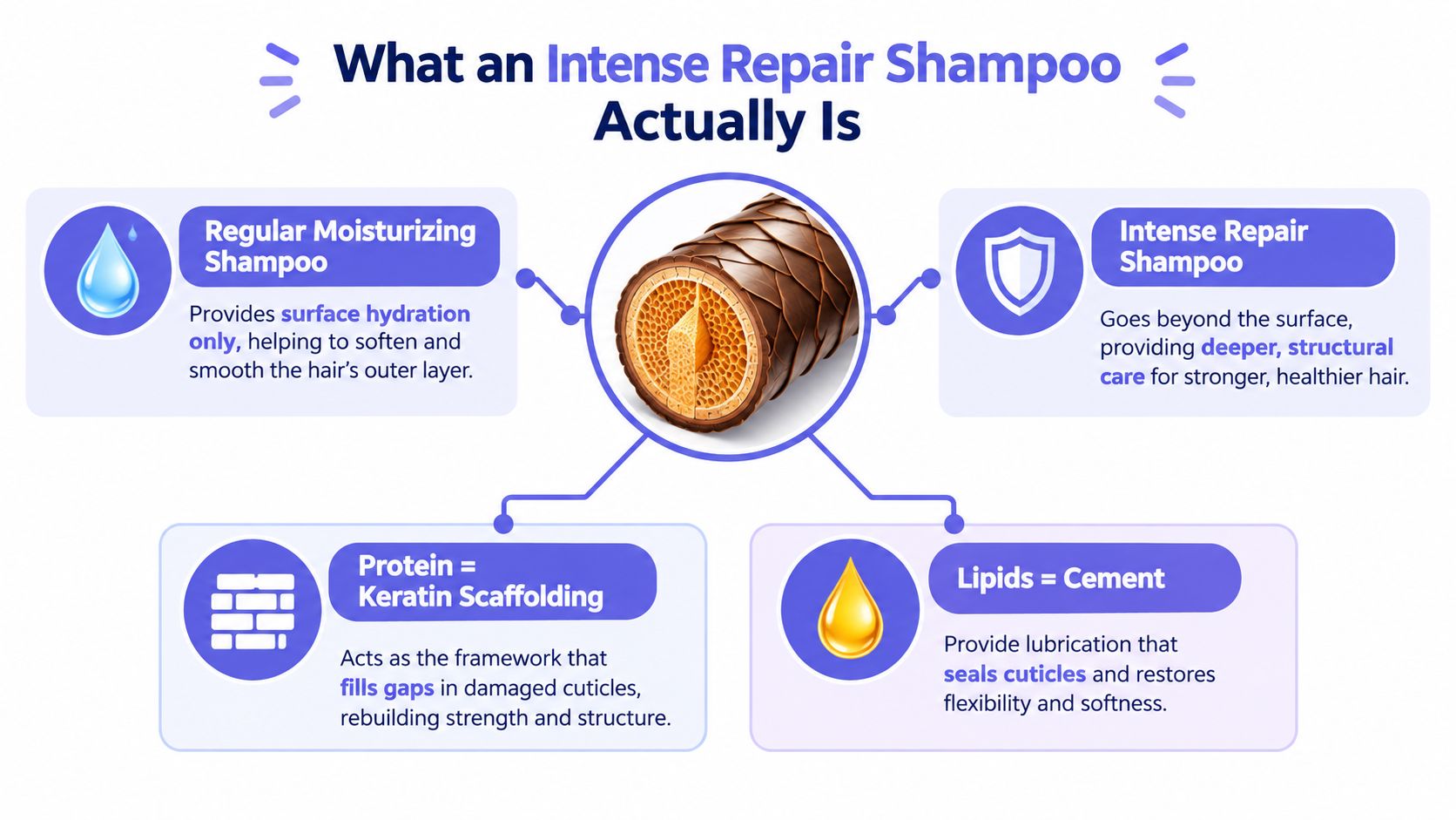 A diagram explaining how intense repair shampoo works compared to regular moisturizing shampoo on hair structure.