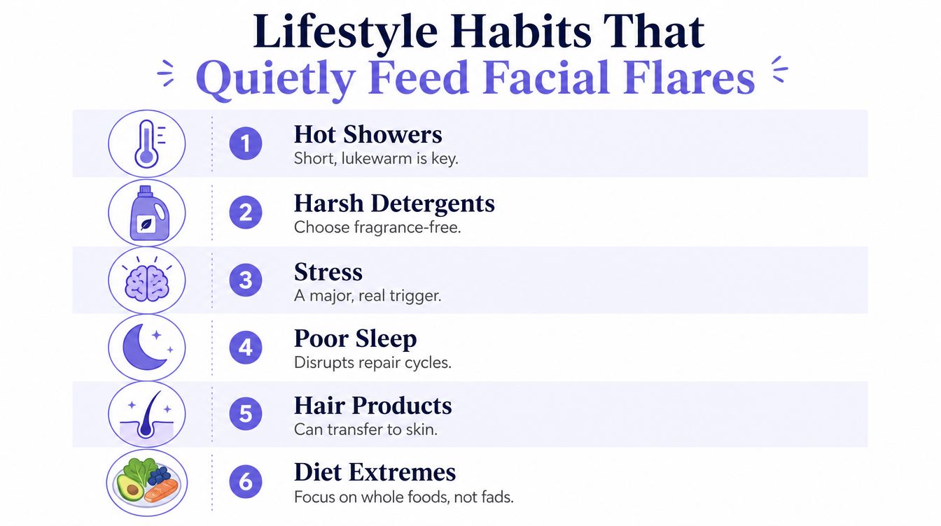 A list of six lifestyle habits that can quietly trigger or worsen facial skin flares and inflammation.
