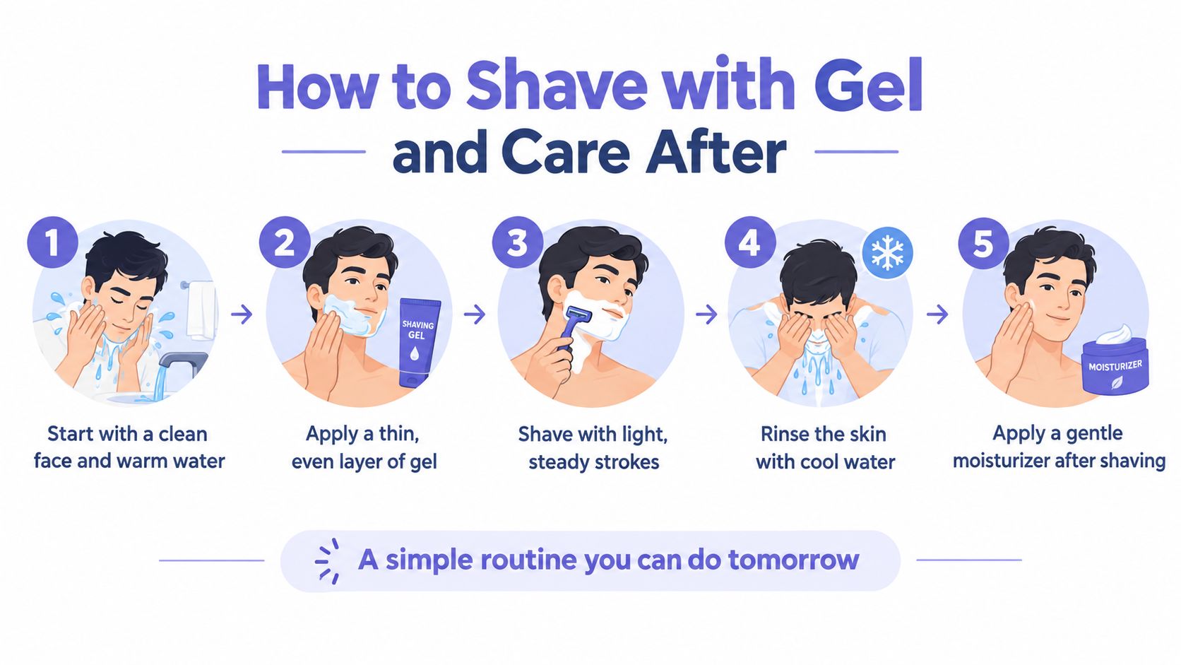 A five-step guide illustration demonstrating how to properly shave with gel and apply post-shave moisturizer.