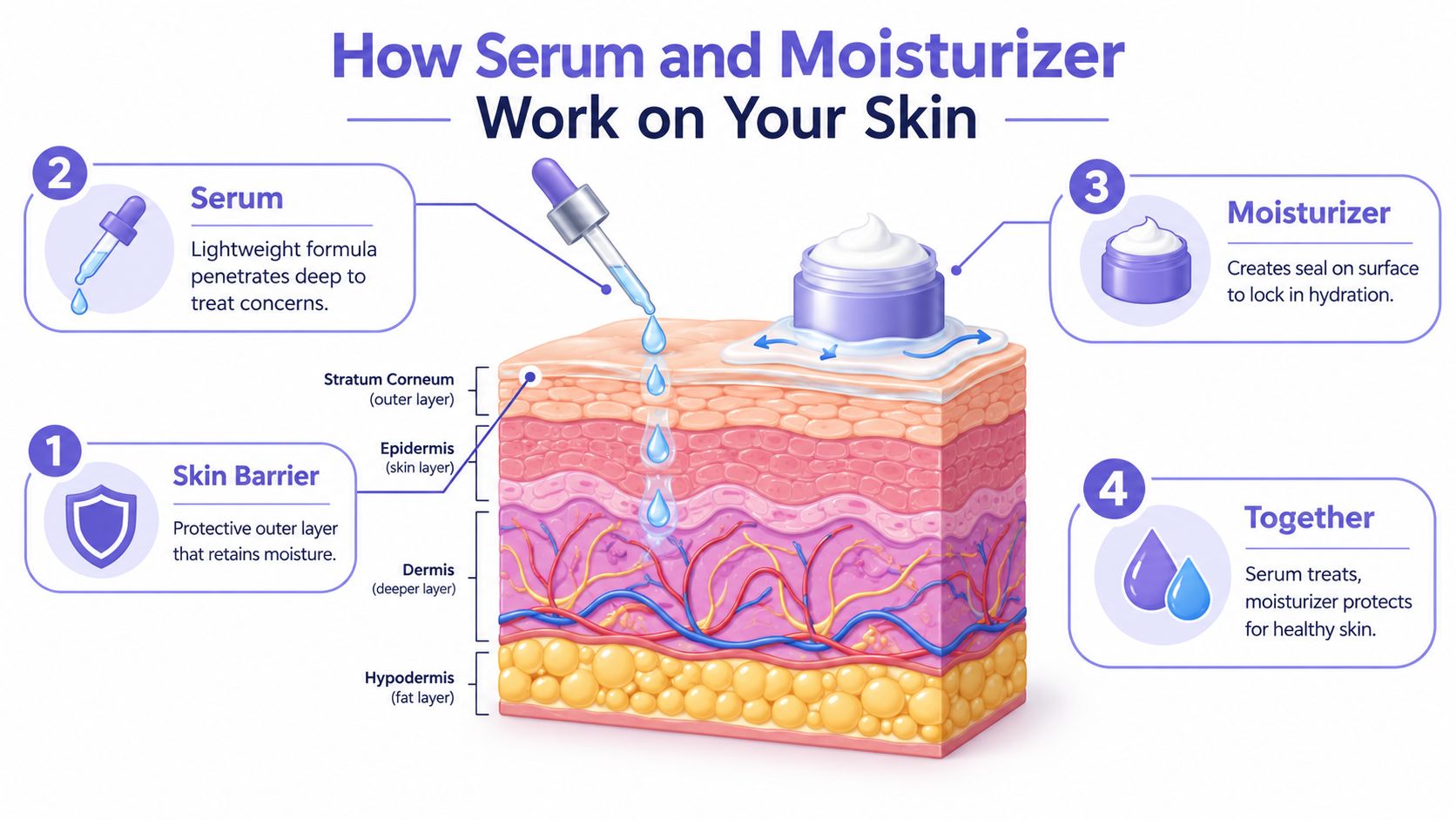 A diagram illustrating how serums penetrate deep into skin layers while moisturizers create a surface seal.