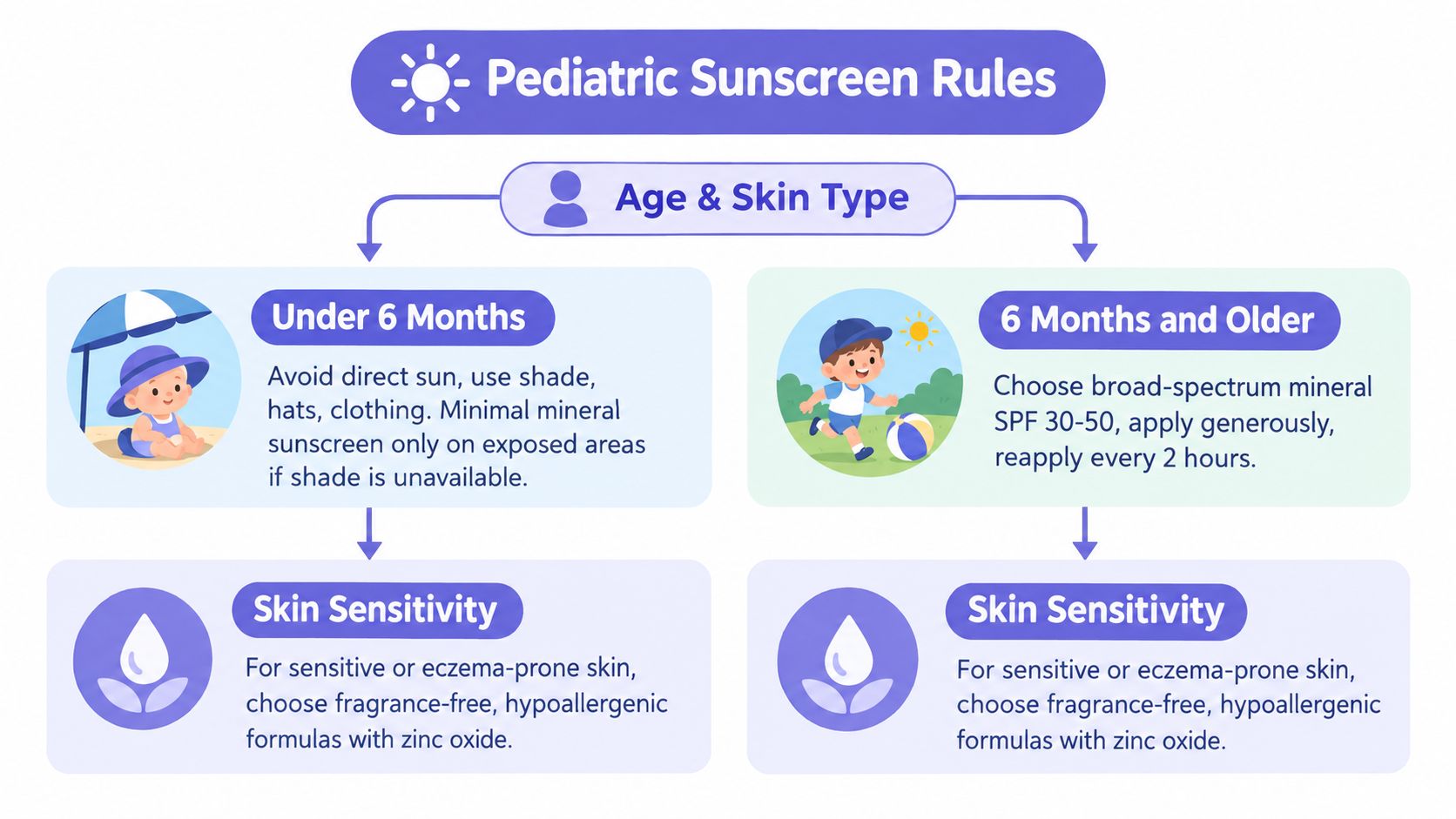 An infographic showing pediatric sunscreen guidelines, detailing sun protection advice for babies under six months and older children.