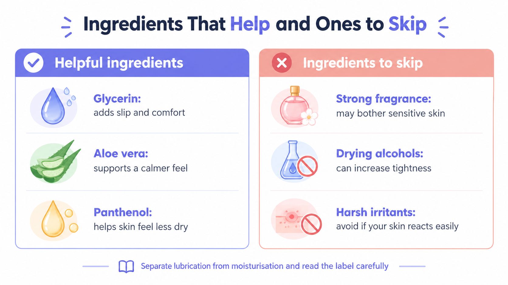 A helpful infographic comparing skin-friendly ingredients like glycerin, aloe vera, and panthenol against irritants to avoid.
