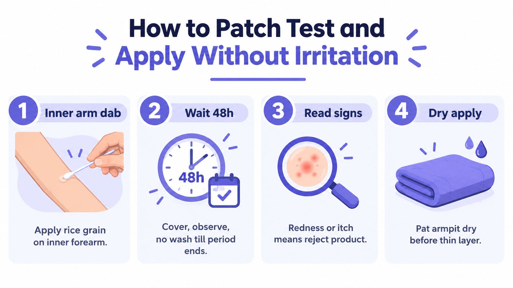 A four-step instructional guide on how to perform a skin patch test to avoid irritation.