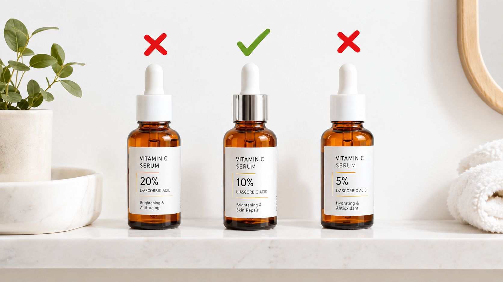 Three amber glass dropper bottles of Vitamin C serum with different percentages, displaying choice markers.